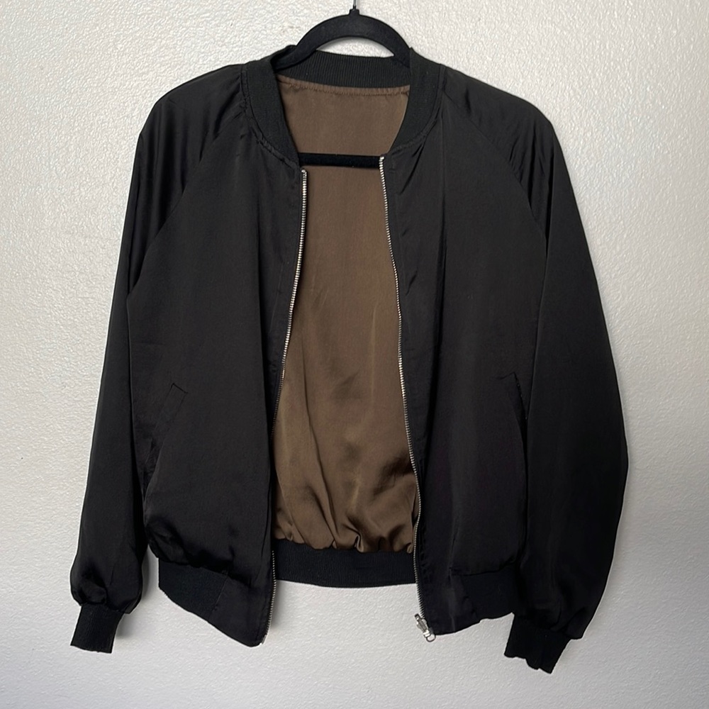 Nordstrom Reversible Silky Bomber Jacket Black and Olive Green XS / S